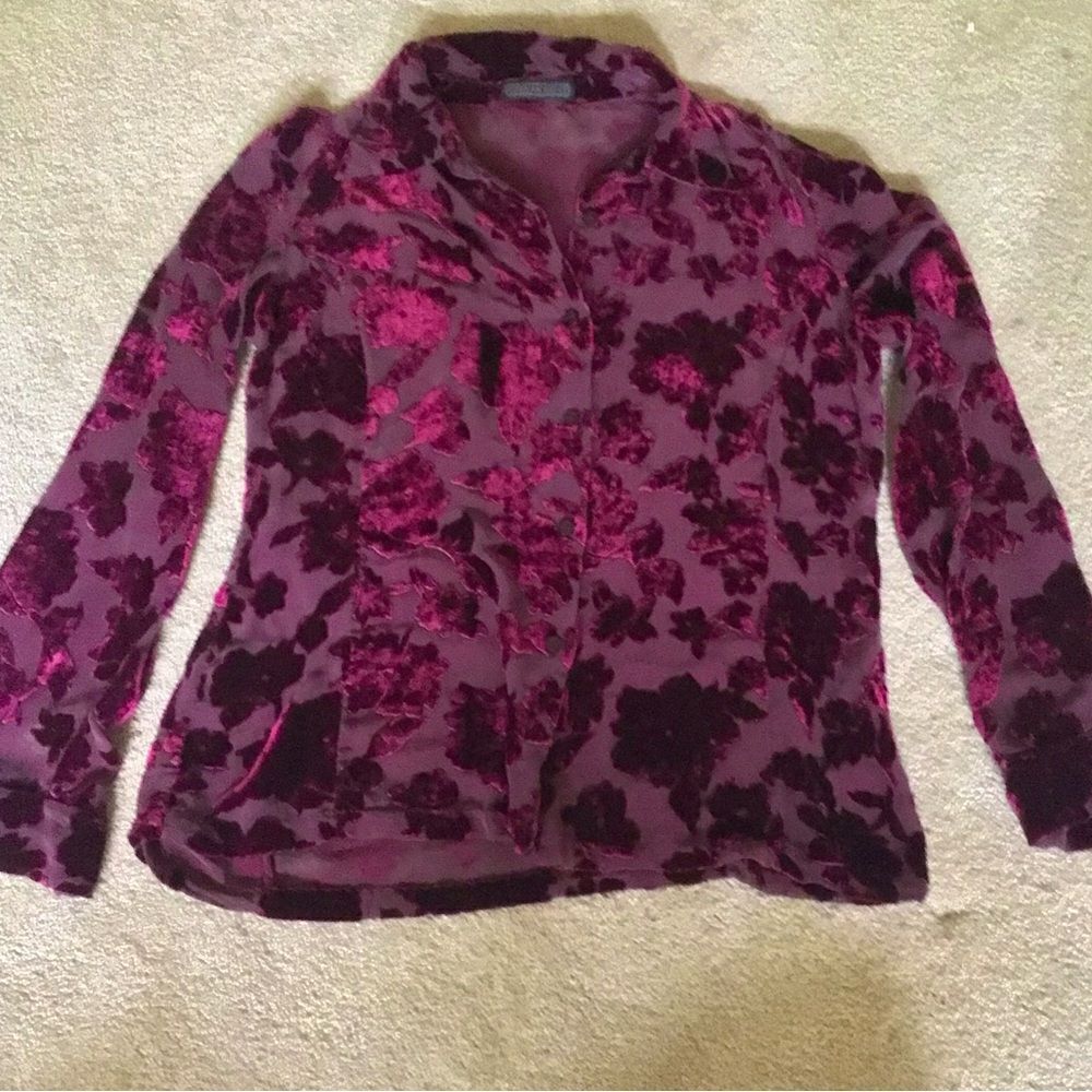 Vintage Herman Geist Silk Blend Floral Velvet Burnout Sheer Burgundy Top